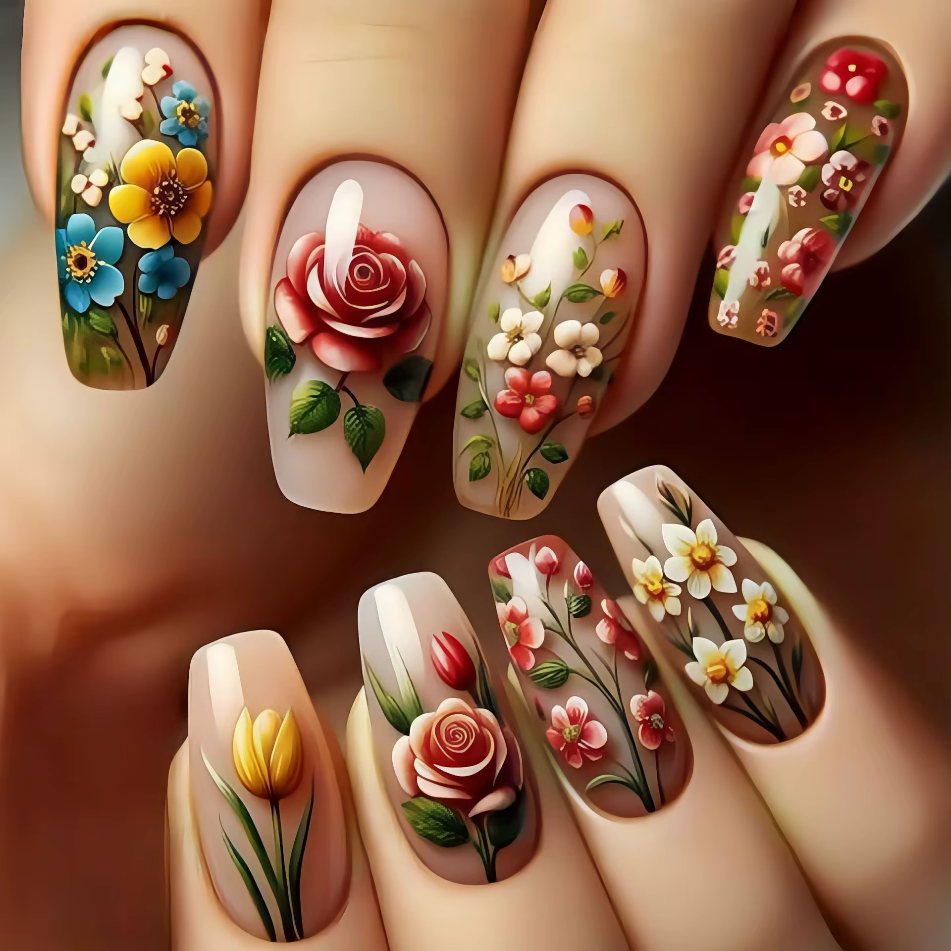 Faux ongles moyens pour femmes et filles, roses, rouges, jaunes, bleus, à motifs floraux, pour le pr