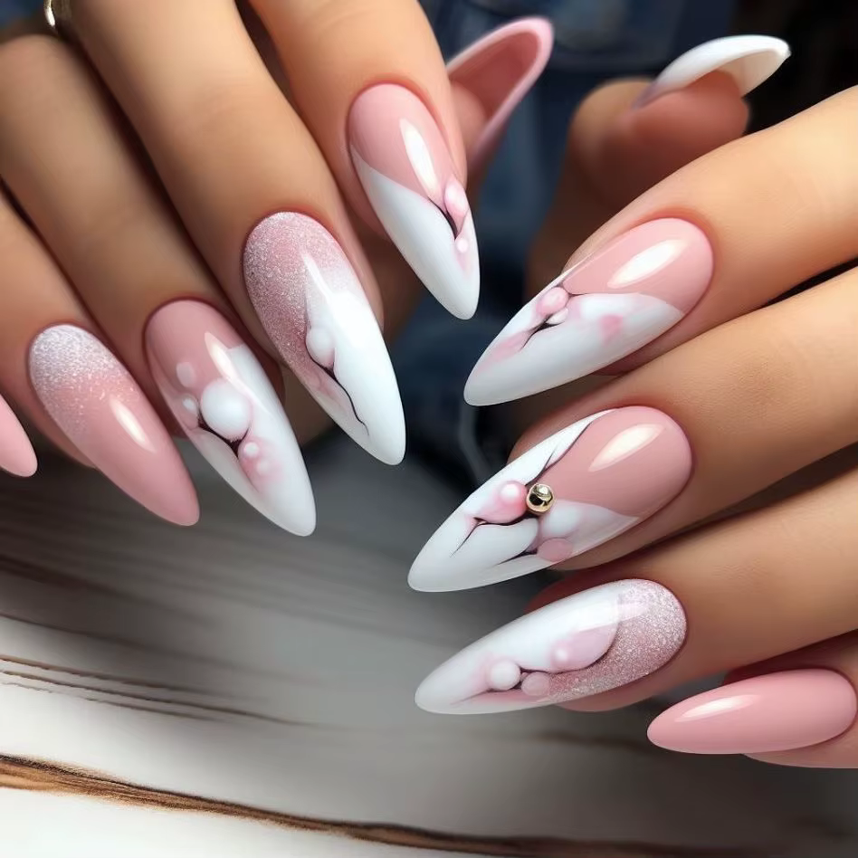 24 pièces fleur couverture complète Nail Art longue amande faux ongles avec poudre brillante dorée c