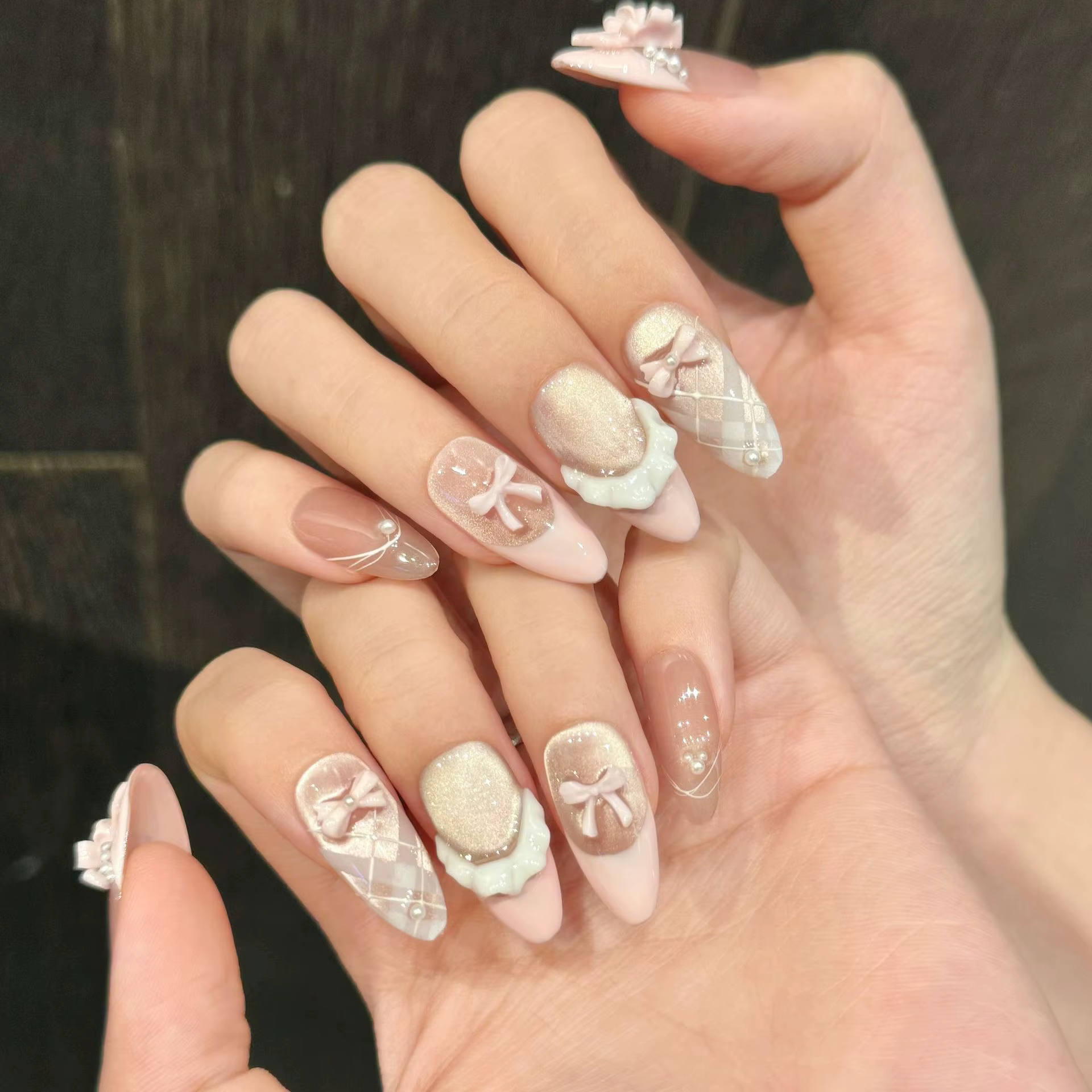 10 pièces presse à la main sur les ongles français oeil de chat rose arc décor coréen faux ongles po