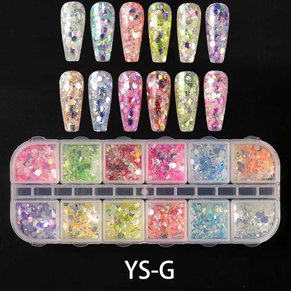 Poudre holographique hexagonale brillante pour Nail Art, 12 grilles, scintillante dans la nuit, effe