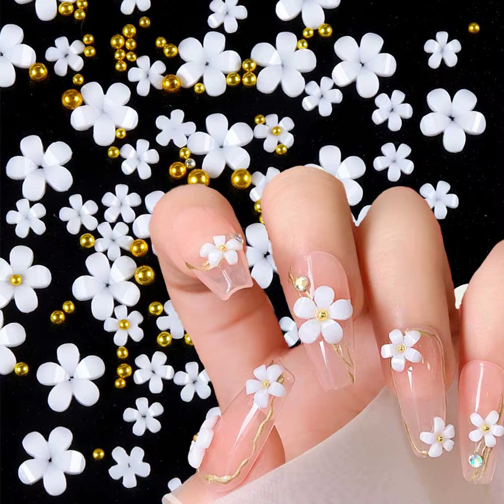 500 pièces + rose blanc 3D acrylique fleurs Nail Art breloques résine cinq pétales fleur ongles stra