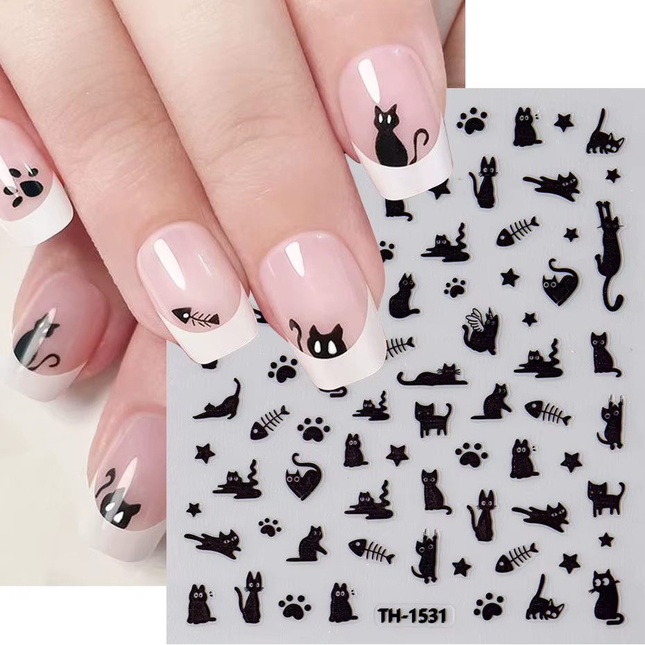 Autocollant pour ongles motif chat noir Kawaii, décalcomanies à faire soi-même, motif griffe rose, j