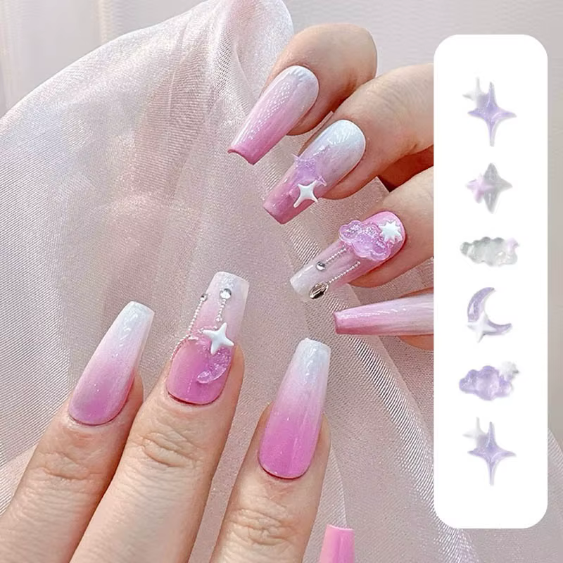 Breloques en résine transparente pour Nail Art, lune, nuage, blanc, violet, étoile à quatre branches