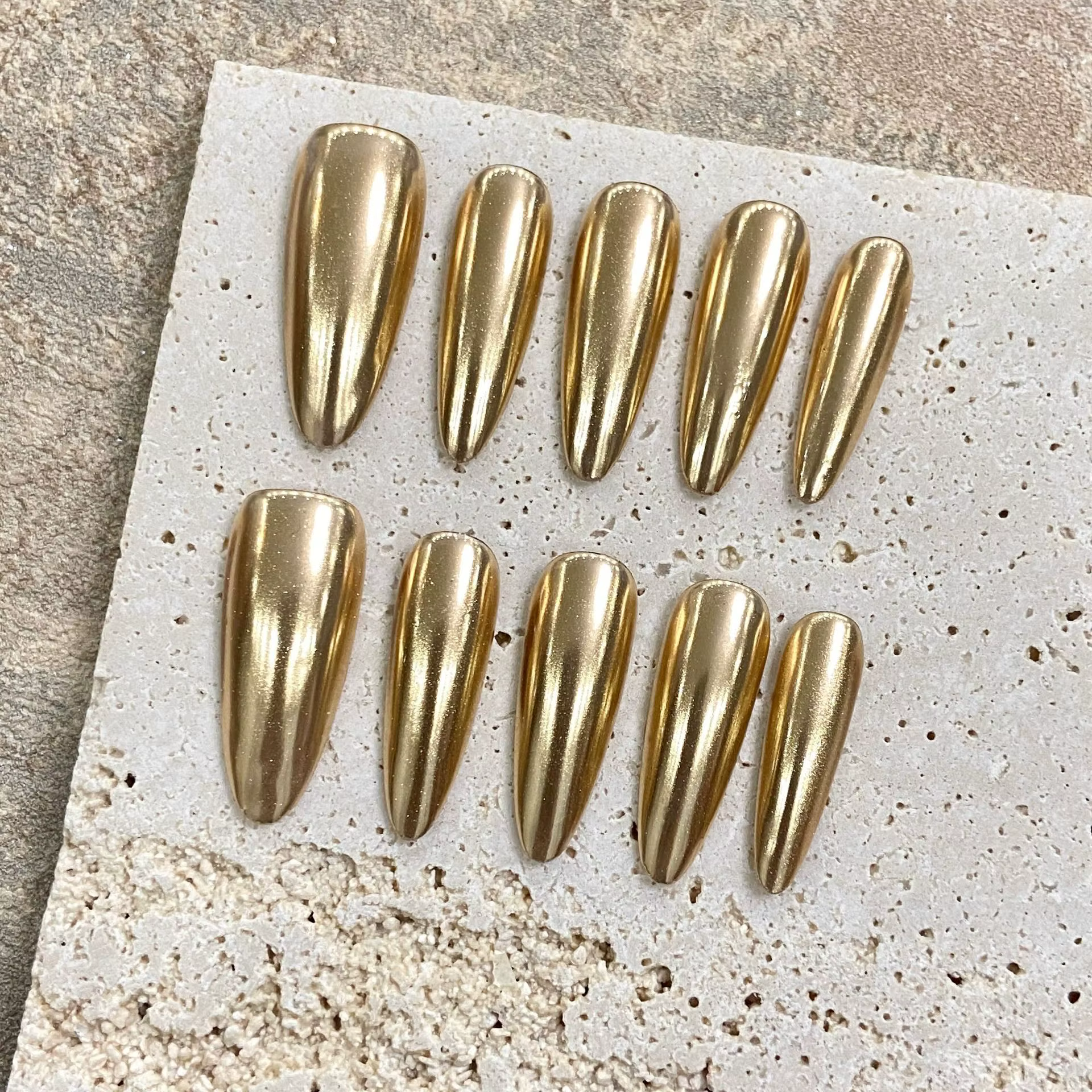 Presse faite à la main sur les ongles Champagne or brillant miroir faux ongles pour femmes fille por