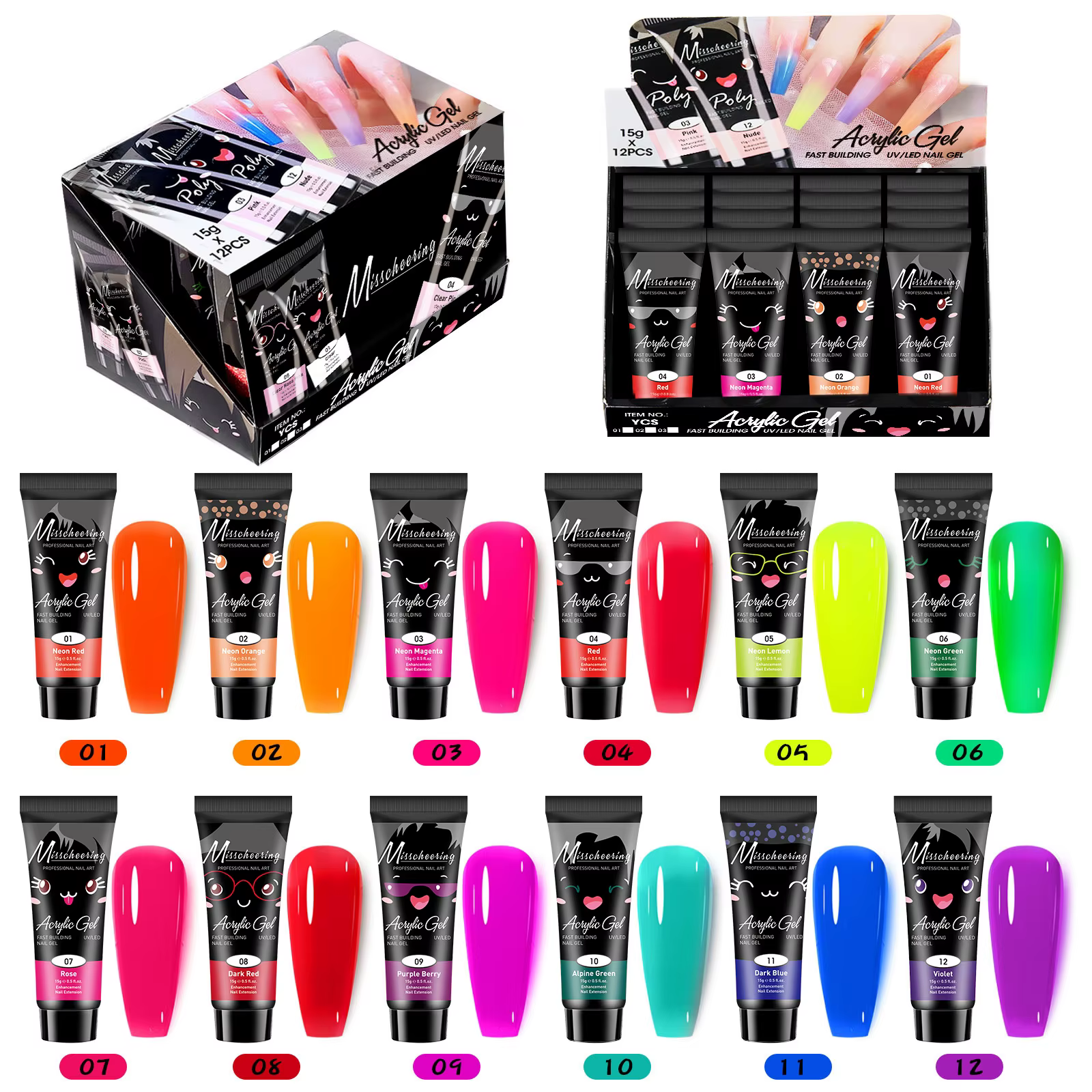 Gel Acrylique Poly Nails 60ml pour Extensions d'Ongles UV LED, Rose, Blanc, Transparent, Pailleté, A