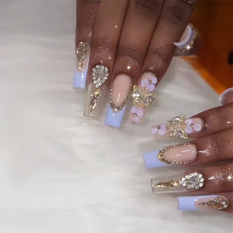 Faux ongles français verts avec diamant, papillon doré, élégants, artificiels en acrylique, longs et