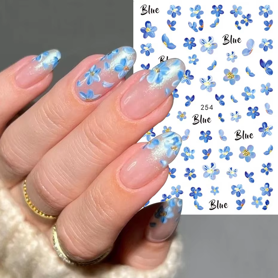 Autocollants pour ongles 3D fleurs de couleur d'eau bleue, 2 pièces, pétales adhésifs Kawaii, curseu