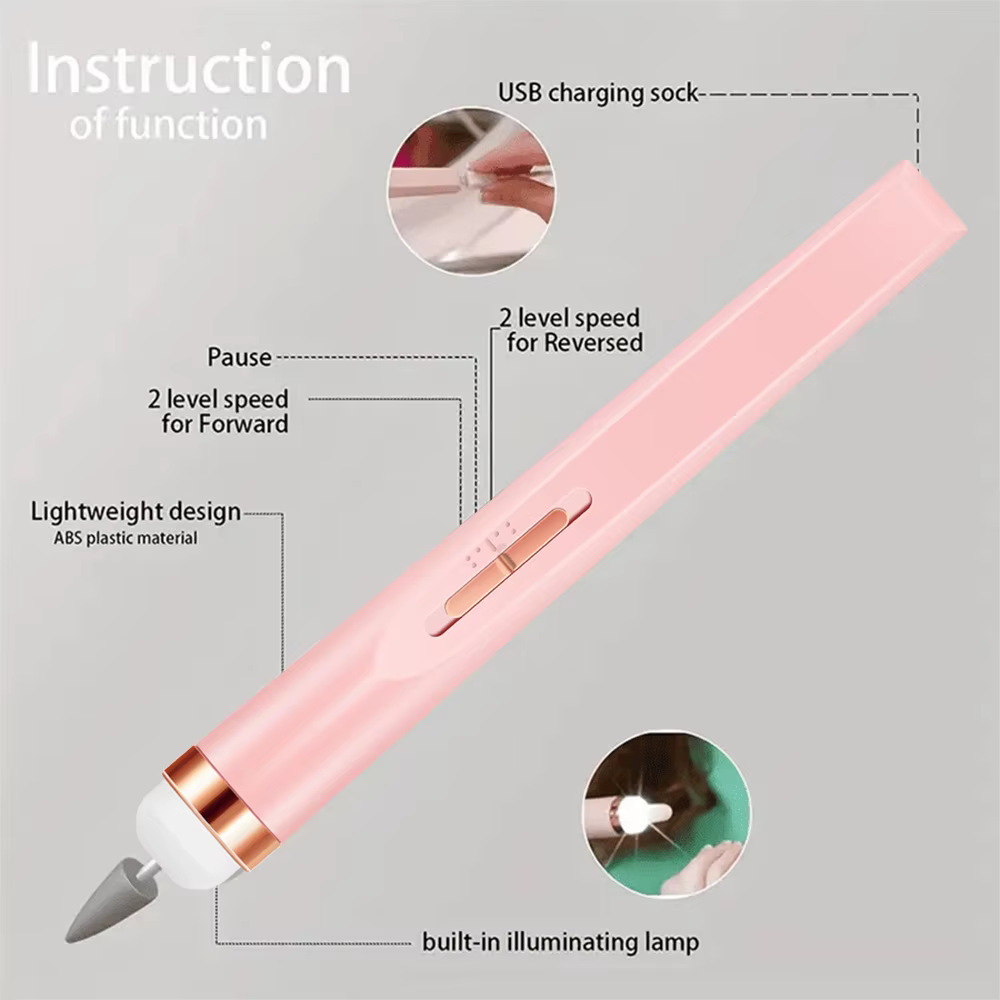 YIKOOLIN-Ensemble de limes à ongles portables, lumière LED réglable, 4 vitesses avec 12 mèches de fo