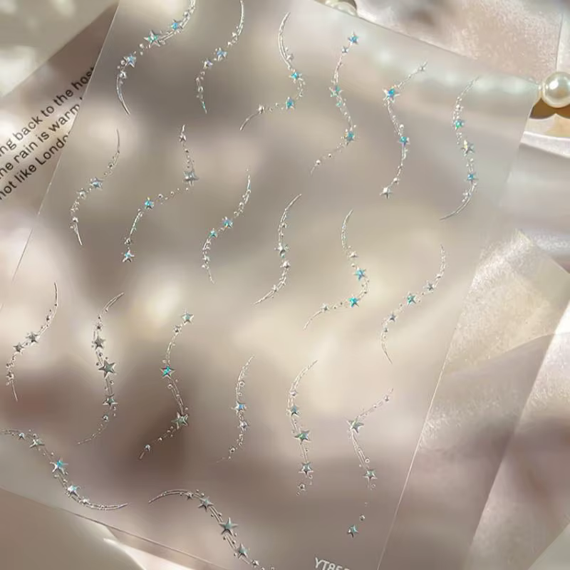 Autocollants pour ongles en forme de chaîne d'étoiles de luxe, holographiques, dorés et argentés, li