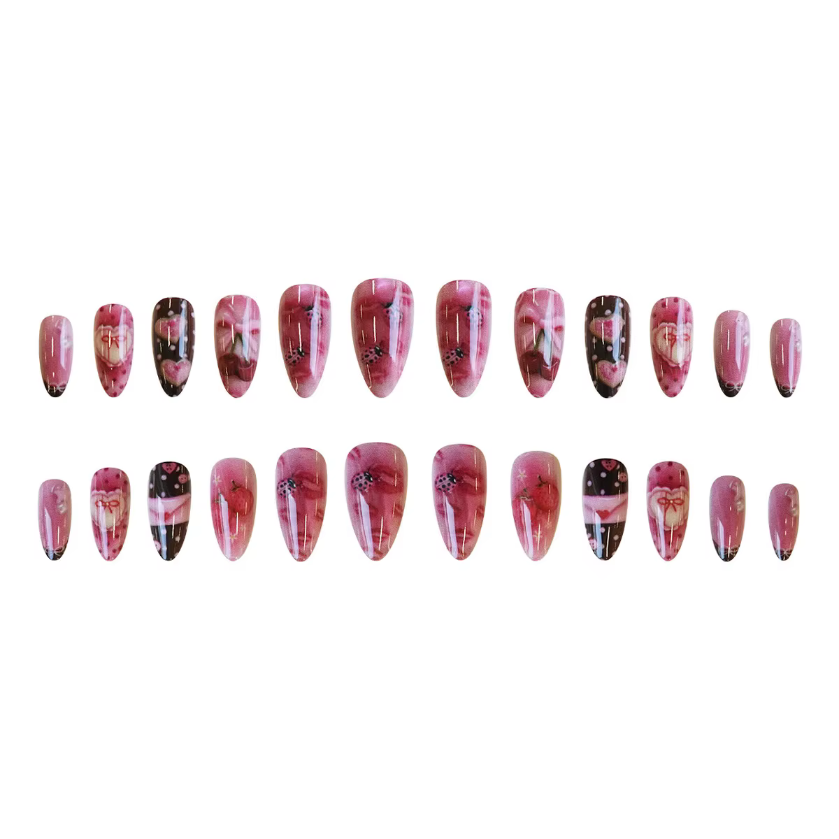 24 pièces lettre douce presse sur ongles mignon cerise nœuds papillon coccinelle fraise décor faux o