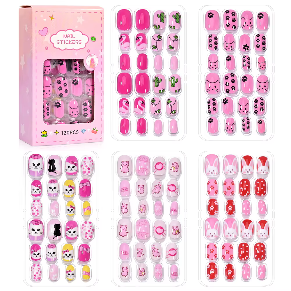 120 pièces/boîte dessin animé fille faux ongles conseils 5-12 ans mignon princesse chat/lapin/licorn