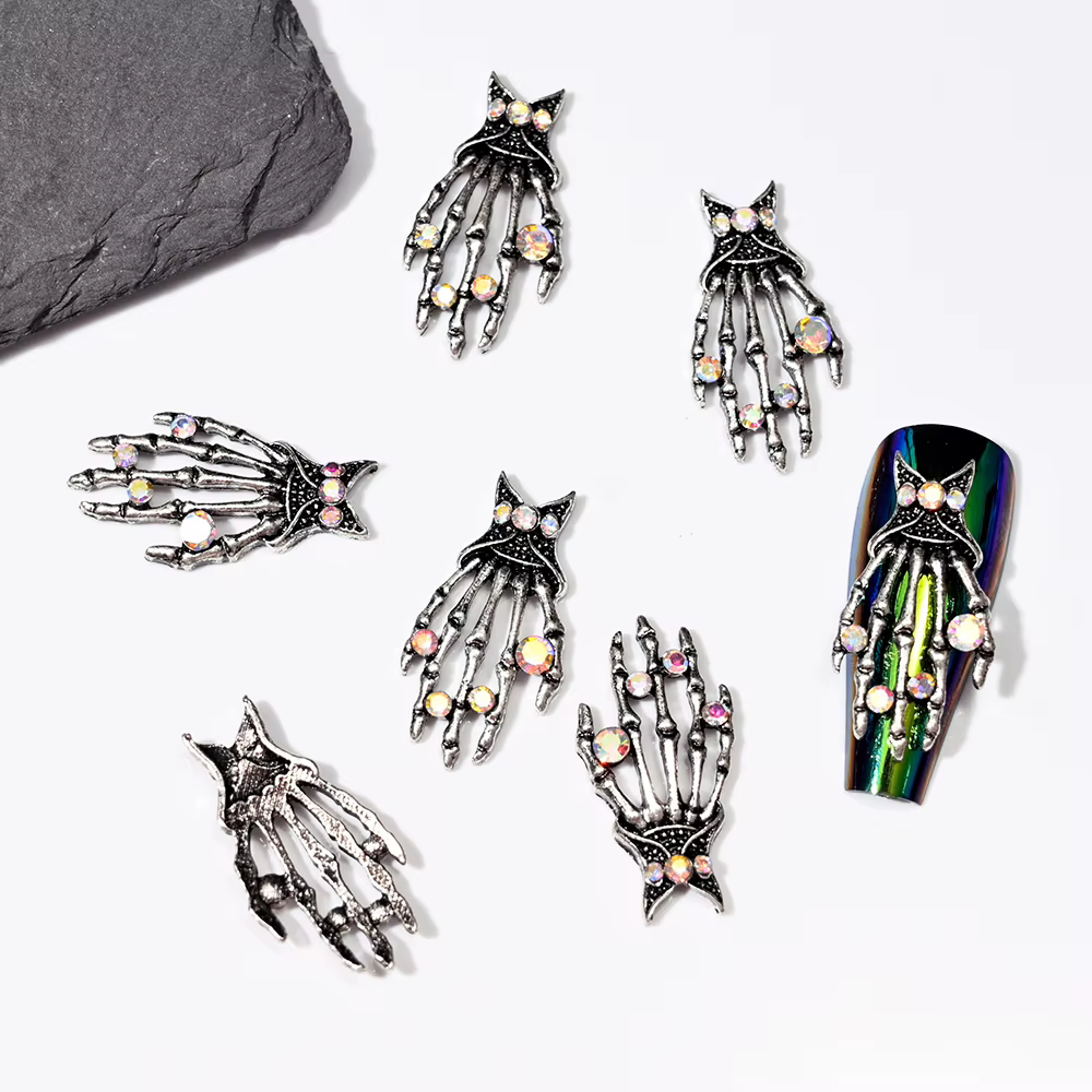 10 pièces brillant diamant métal crâne ongles breloques 3D Halloween décorations d'ongles gothique P