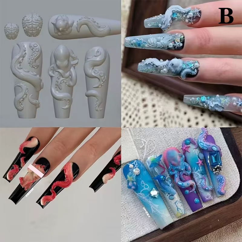 〔R〕Moules en silicone 3D pour nail art - Moules en forme de pieuvre/fraise/poupée pour la création d