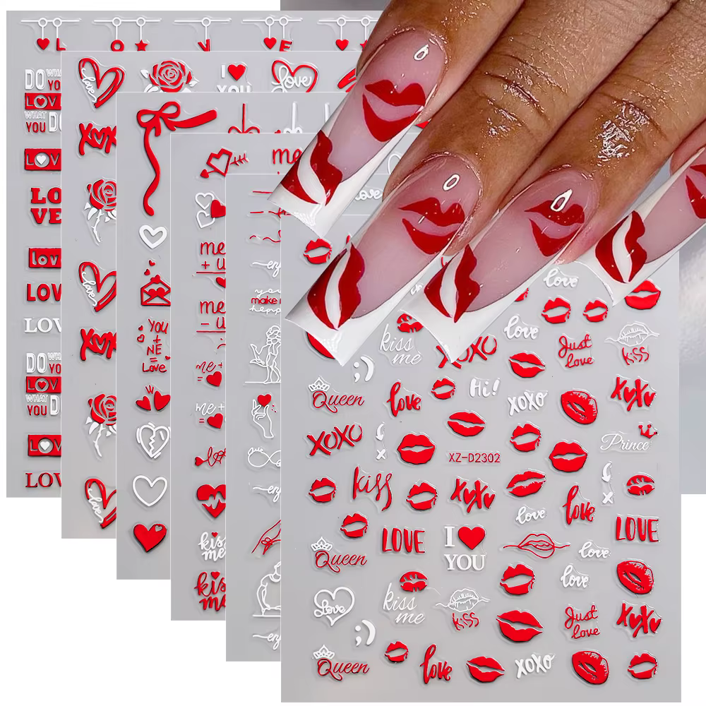 Ensemble d'autocollants pour ongles en forme de cœur rouge, saint-valentin, baiser 3D, lèvres rouges