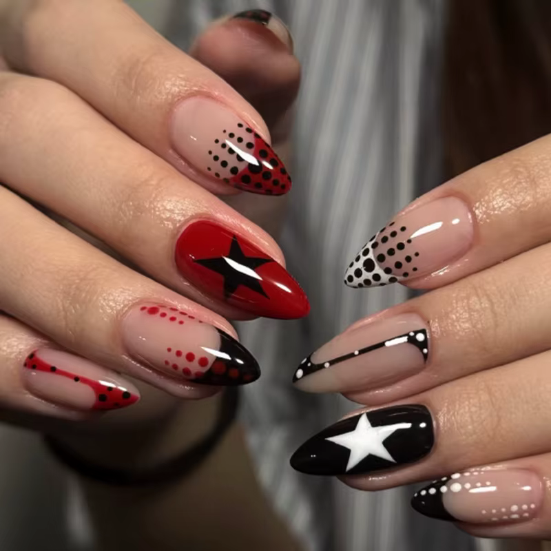 24 faux ongles roses brillants à presser, motif léopard noir et étoiles, forme amande, pour Spice Gi
