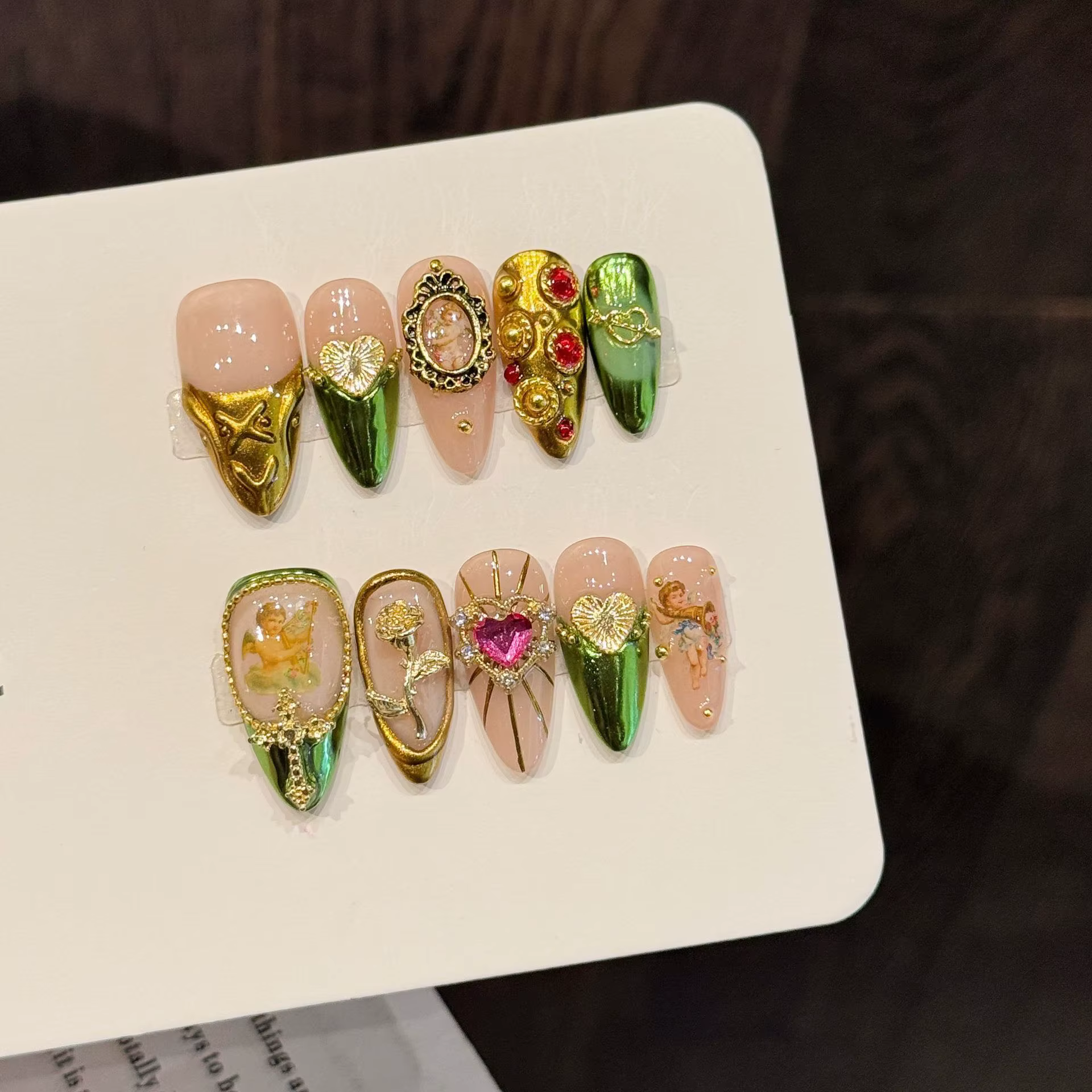 10 pièces rétro Court Style fait à la main faux ongles amour coeur miroir Rose décor presse sur ongl