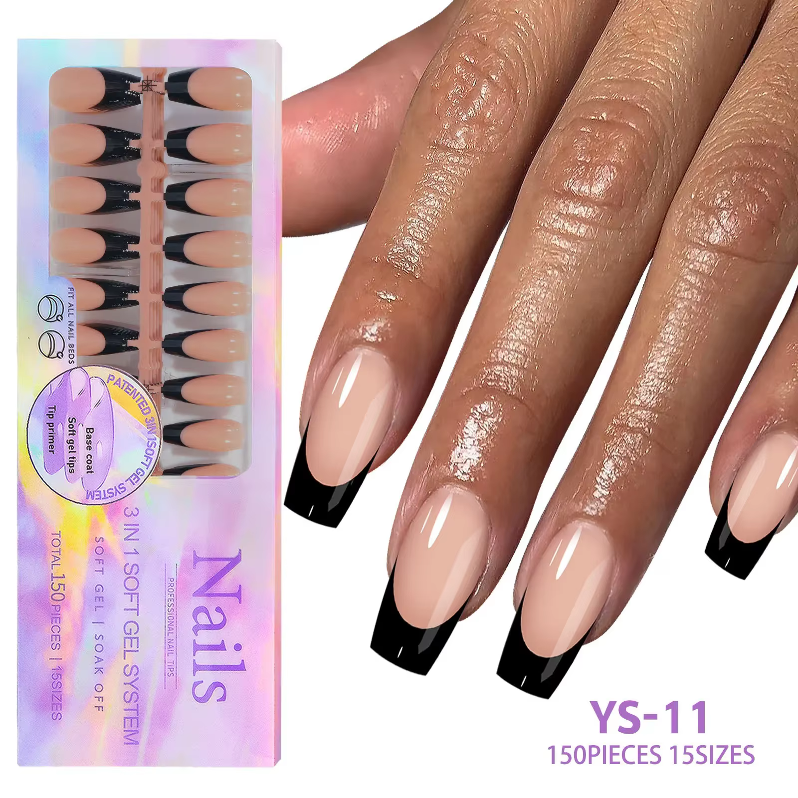 150 faux ongles à presser, 15 tailles, ensemble d'ongles amande français à coller, sans besoin de li