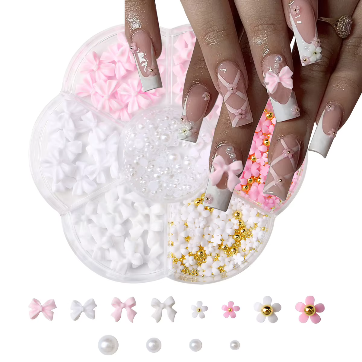 Kit de décorations pour ongles avec nœud floral 3D, 1 boîte, rose/blanc, acrylique Floral/perles de 