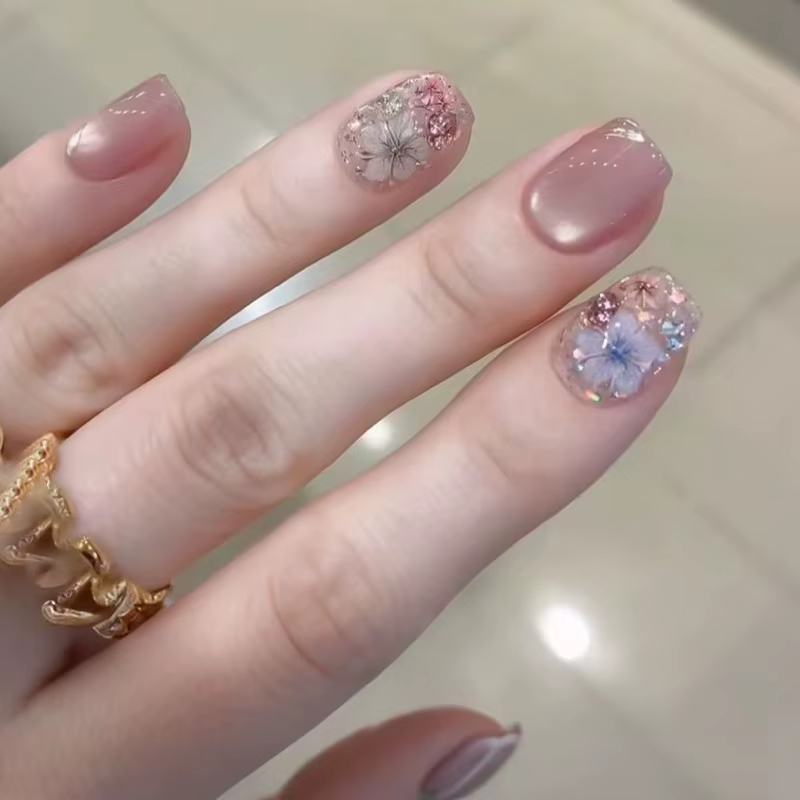 24 pièces/seste faux ongles courts moyens pour femmes filles fleurs colorées plage de champignons po