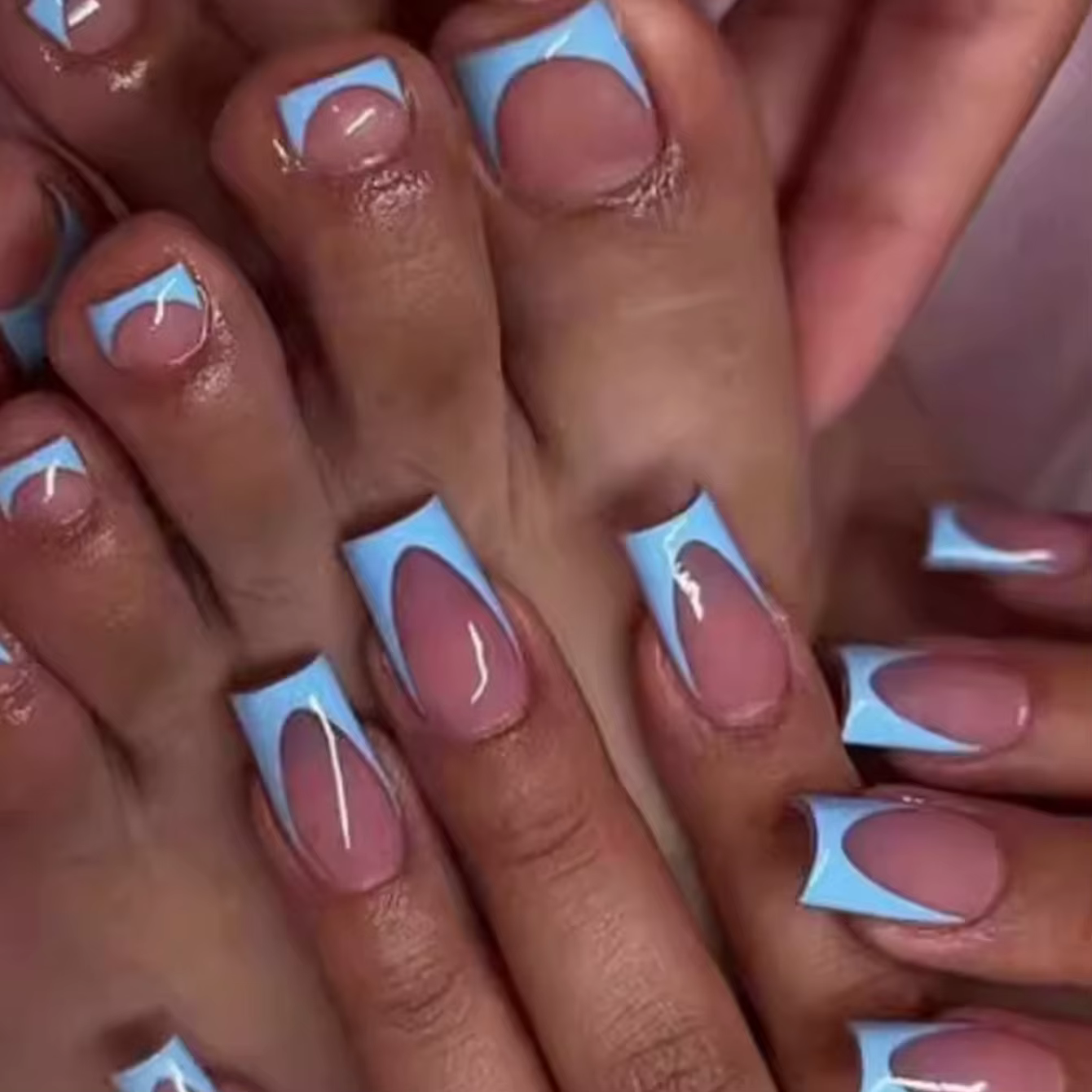 48PCMedium Press Nail Square And Press Toe Nail Set, Blue French Pointed Full Coverage Nail, French 