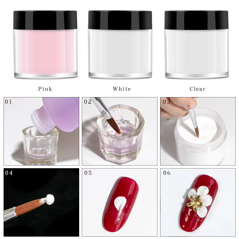 Poudre à ongles acrylique transparente/rose/blanc, 3 couleurs, poudre polymère cristal sculptée, ver