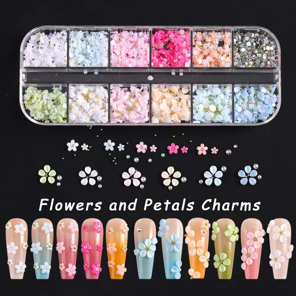 12 Grilles de Breloques pour Ongles Macaron Pastel, Fleurs 3D en Résine à Cinq Pétales, Décoration d