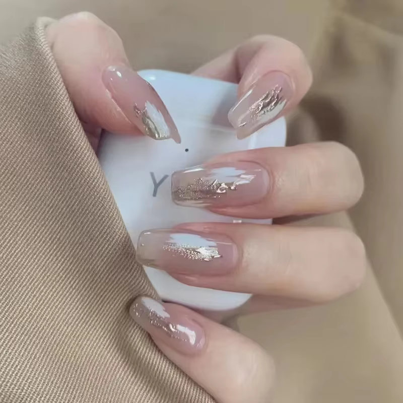 Faux cercueil français à couverture complète, faux ongles ballerine super longs, presse sur la point
