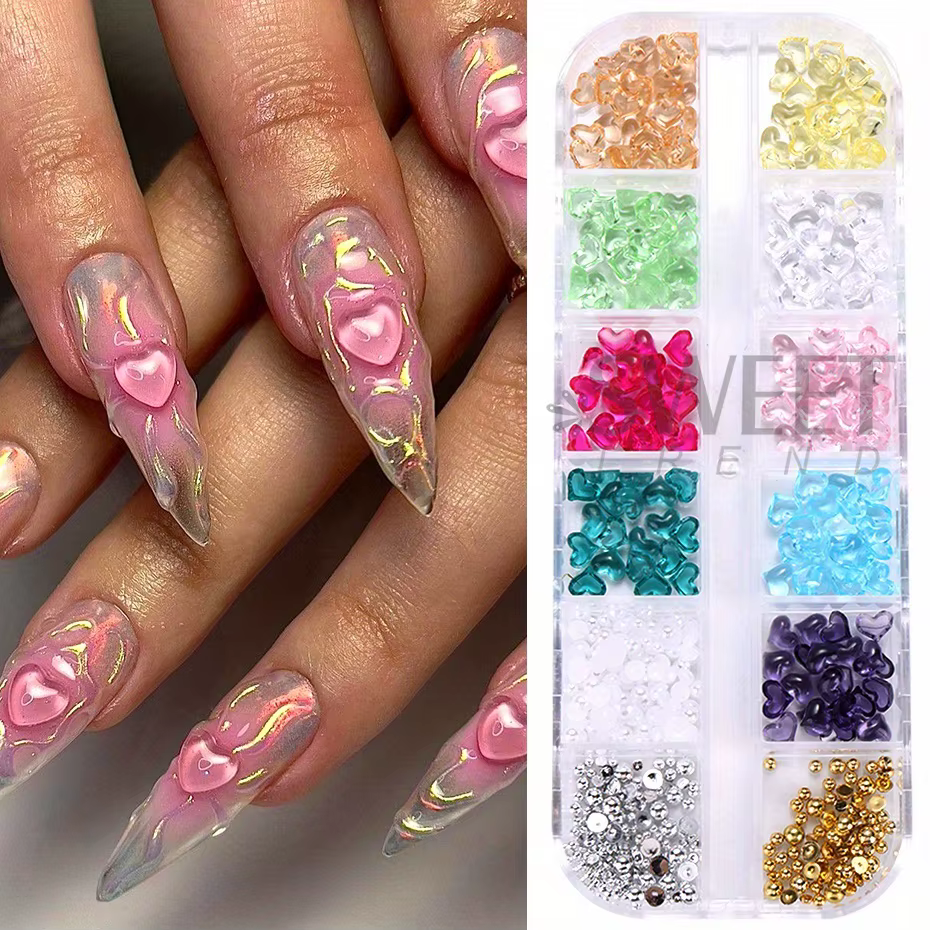 12 grilles en forme de cœur pour Nail Art, breloques transparentes en forme de cœur d'amour, bijoux