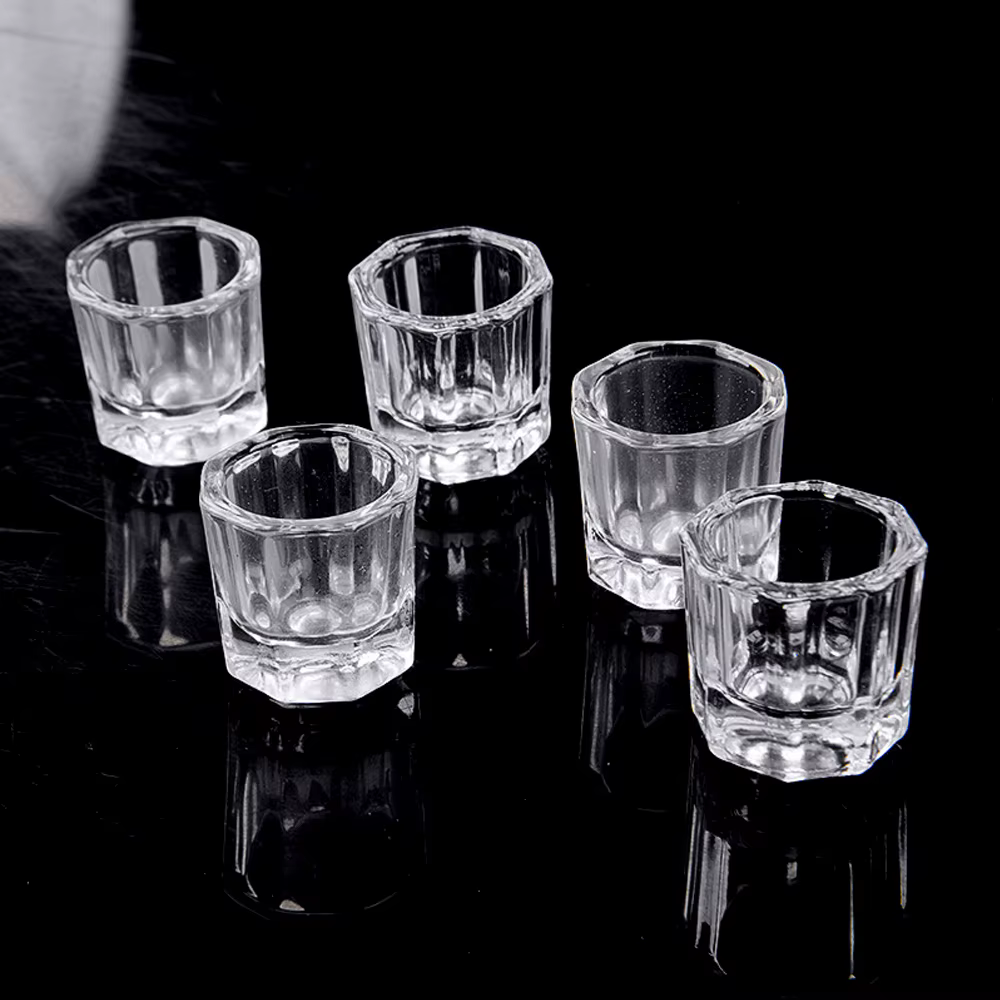 Mini verre cristal acrylique transparent, petite poudre octogonale, tasse à ongles liquide, brosse d