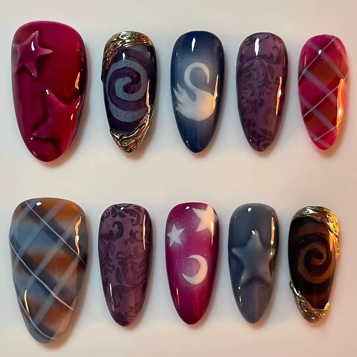 Faux ongles en forme d'amande Y2k, 24 pièces, Style lune, étoile, motif de cygne, doux et frais, cou