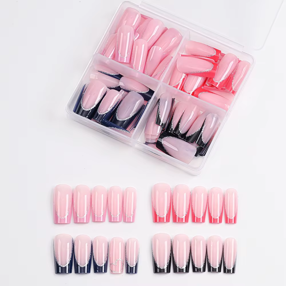96 pièces/boîte français avec paillettes argentées faux ongles bleu/rouge couverture complète longue