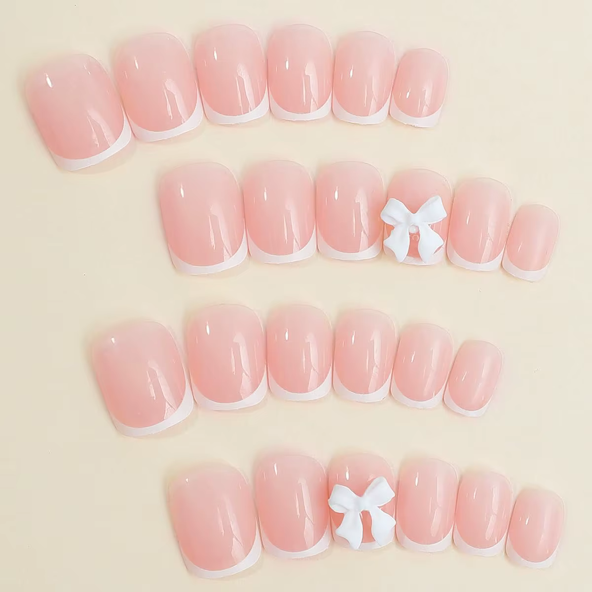 CuemployPusher-Faux ongles français, carré moyen, blanc, nœuds sur les ongles, poignées amovibles et