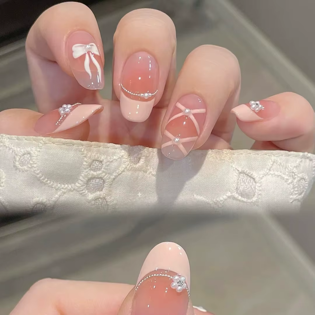 10 pièces blanc français rose coeur diamant manucure Art doux doux court ovale artificiel portant de