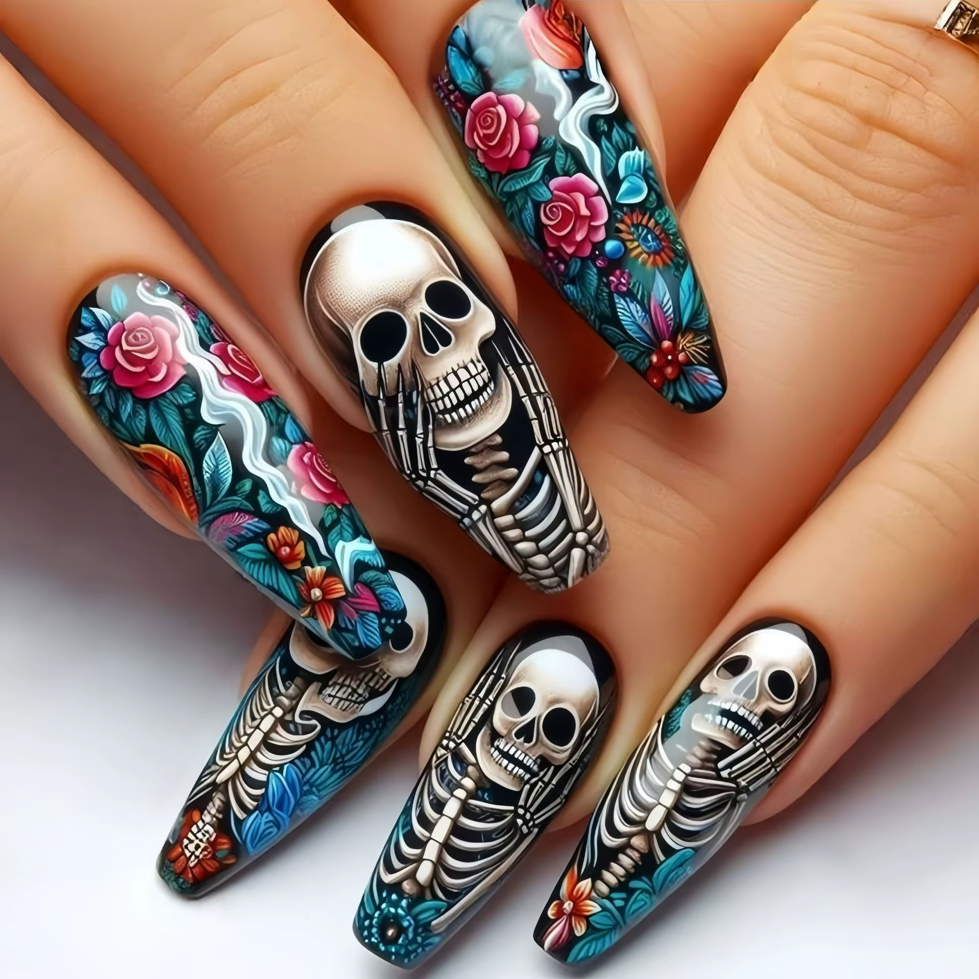 24 faux ongles longs rouge foncé avec colle, motif crâne et fleurs d'horreur, style français à press