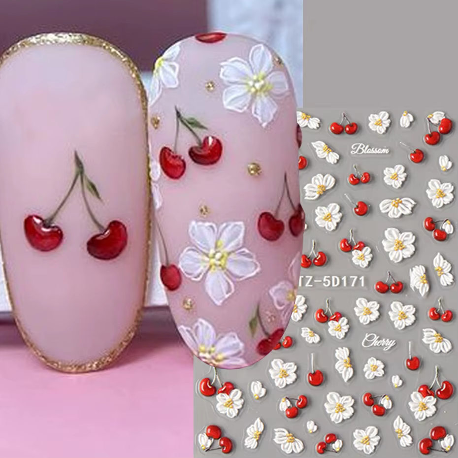 Autocollants pour ongles en relief 5D élégants à motif de cerises, fleurs blanches de printemps, aut