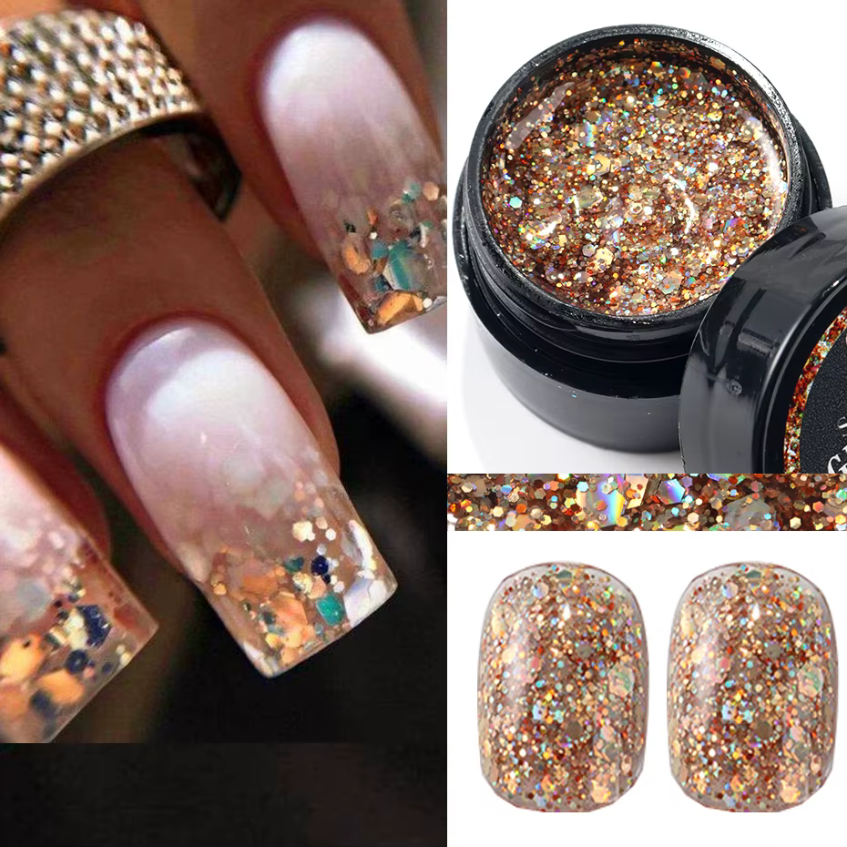 Vernis à ongles réfléchissant à paillettes Champagne or, Gel UV scintillant pour ongles, paillettes 