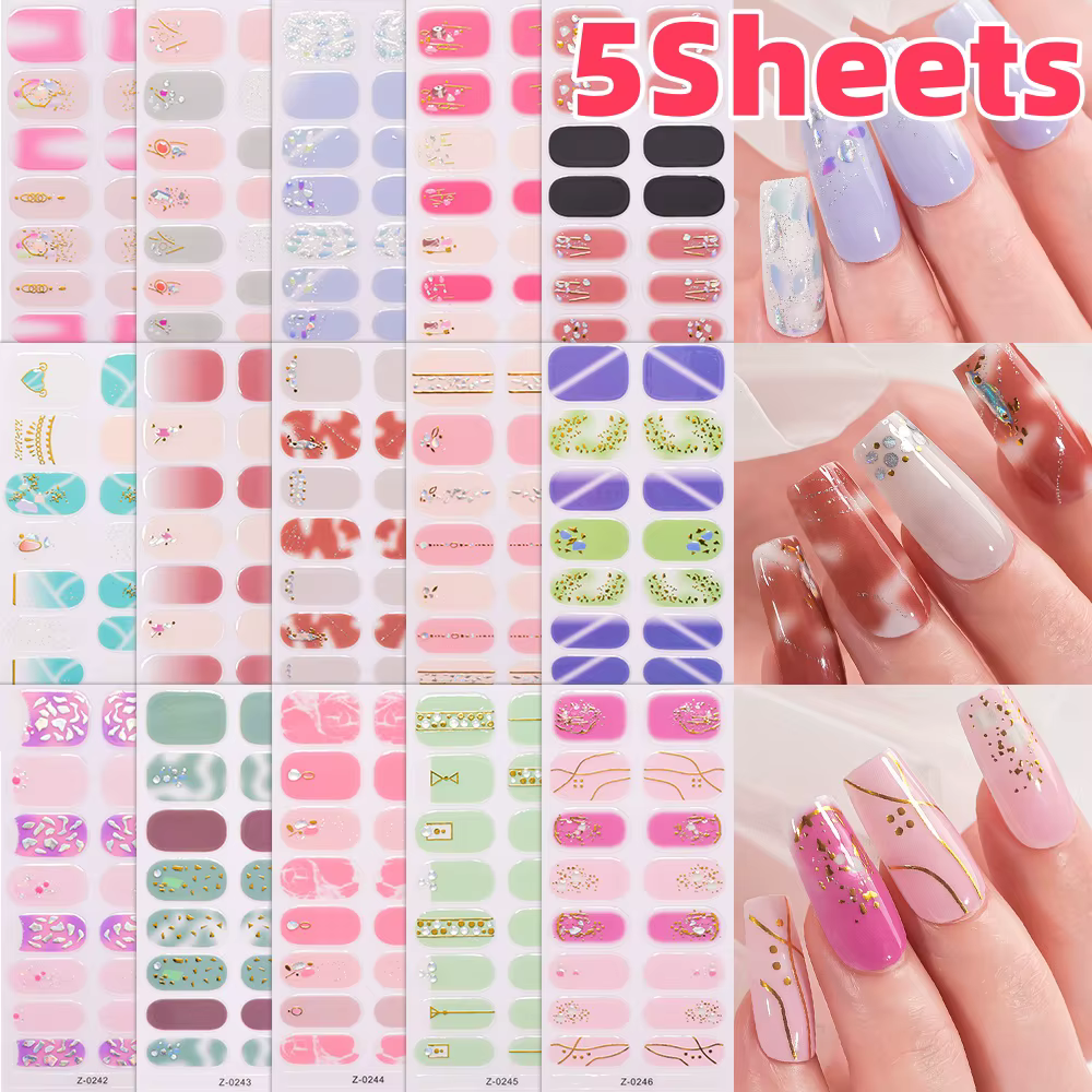 Autocollants pour ongles couleur Dopamine, 5 feuilles (80 pointes), sans cuisson, feuille/lignes 3D,