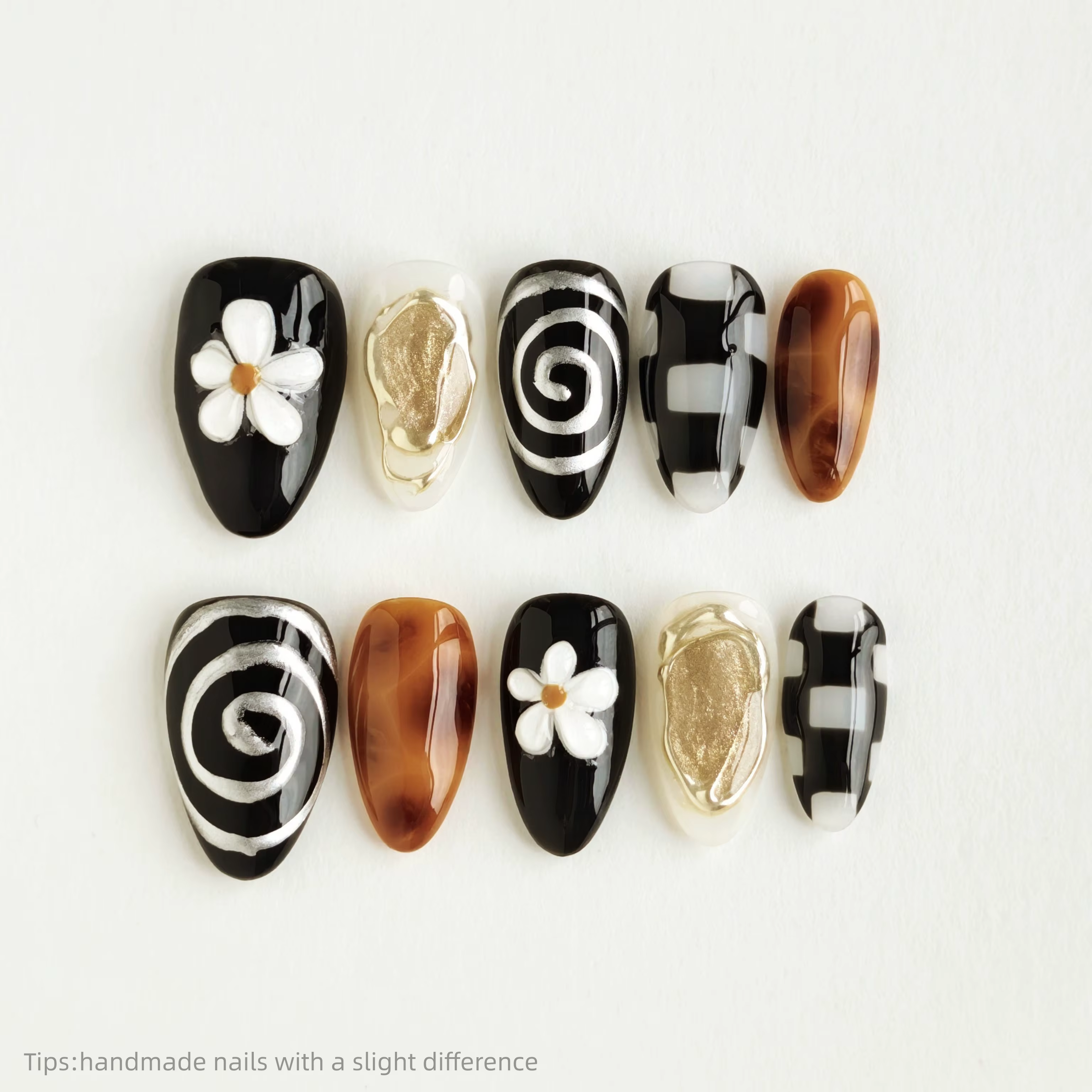 10 faux ongles à presser faits main, noirs, blancs et dorés, motif floral, forme amande, longs, de l