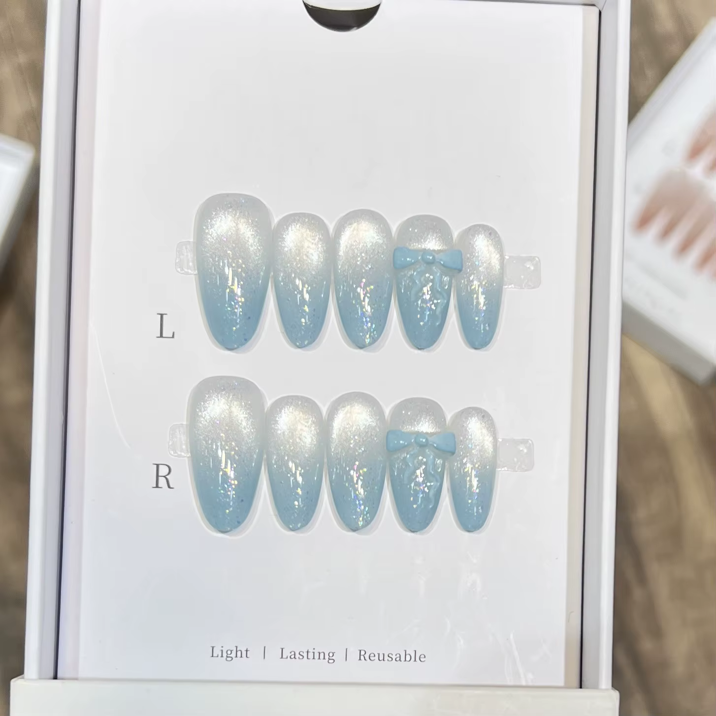 10pc oeil de chat amande à la main presse sur les ongles bleu clair arc faux ongles faux ongles ongl