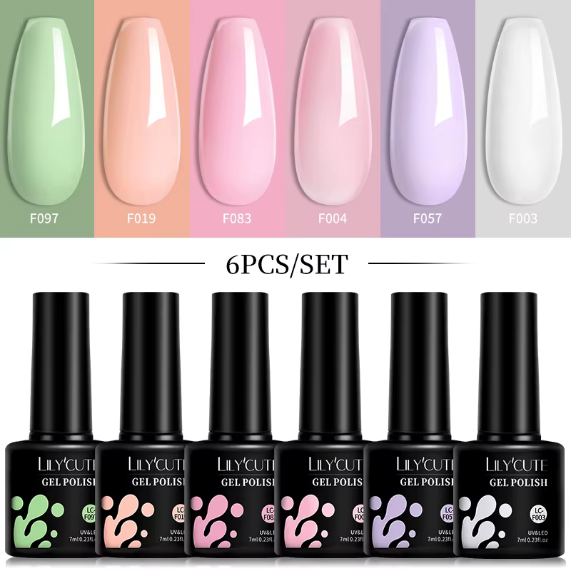 LILYCUTE – Lot de 6 vernis à ongles en gel DIY 7 ml, rose vif, avec breloques pour ongles, vernis ge