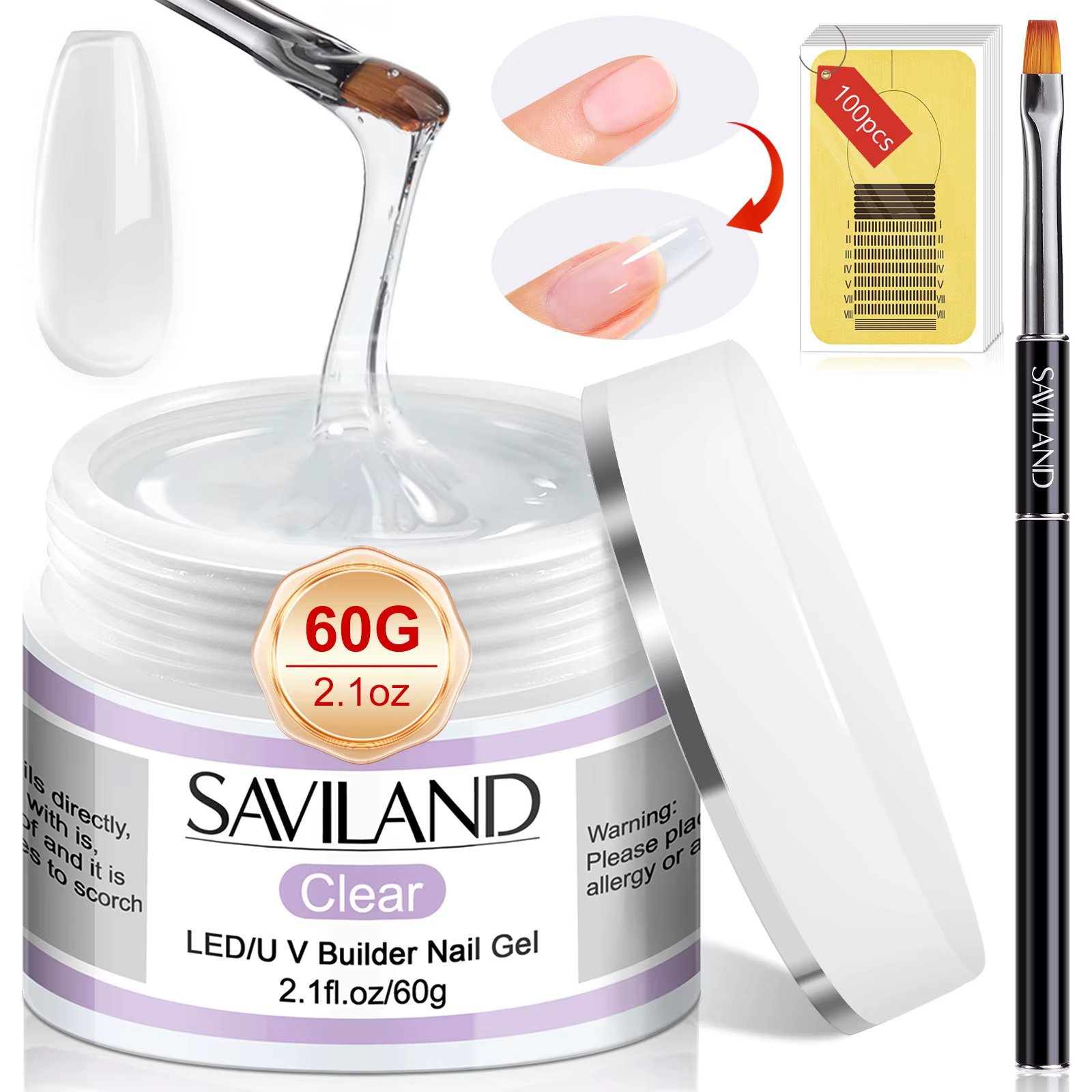SAVILAND Builder Kit de gel pour ongles 60g Ensemble d'extension d'ongles transparent avec 100 forme