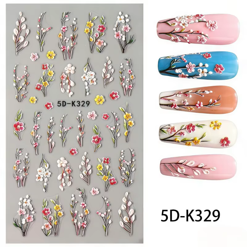 Autocollants pour ongles motif fleur de lys rose - Motifs fleurs roses et feuilles vertes, décalcoma