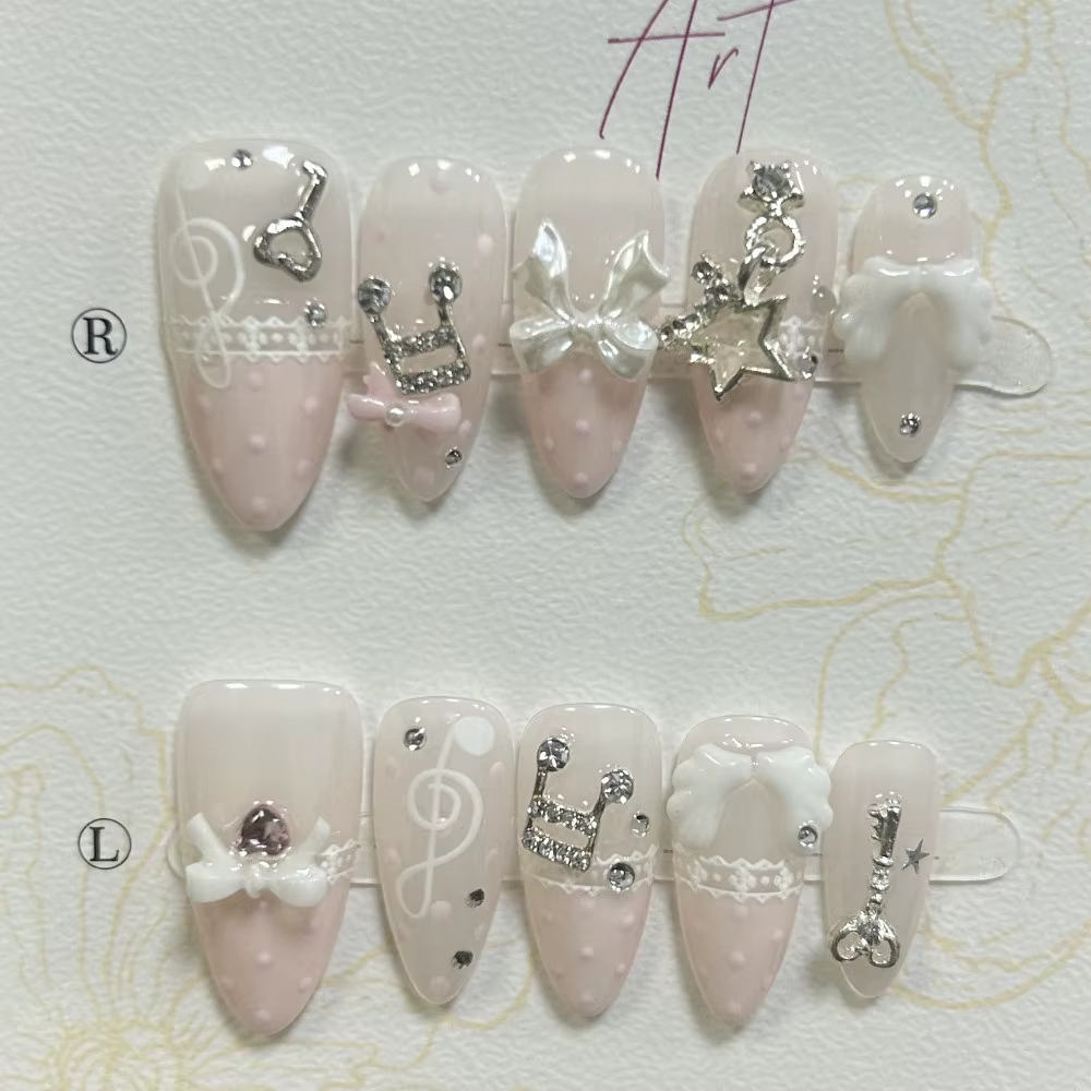 Faux Ongles à Presser Amande Française Rose Rétro Mignons avec Dentelle, Pois, Nœuds 3D, Ailes d'Éto