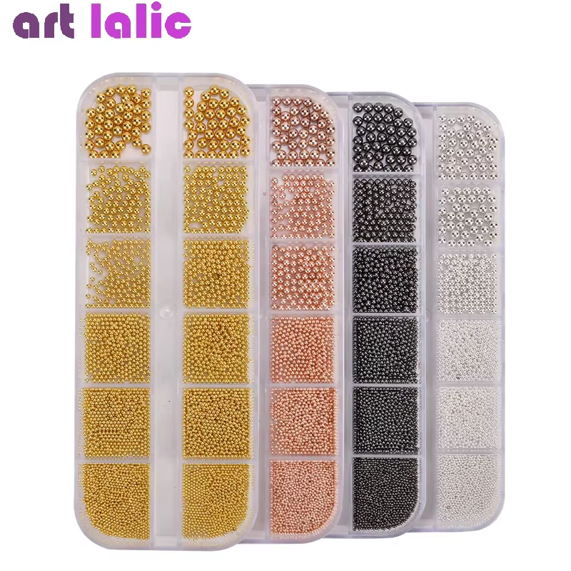 Perles de Caviar à 12 compartiments, accessoires métalliques pour Nail Art, perles en métal avec boî