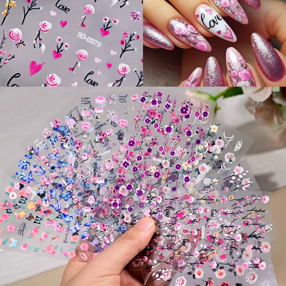 Autocollants 5D en relief pour les ongles, décalcomanies simples pour dames, feuilles décoratives de