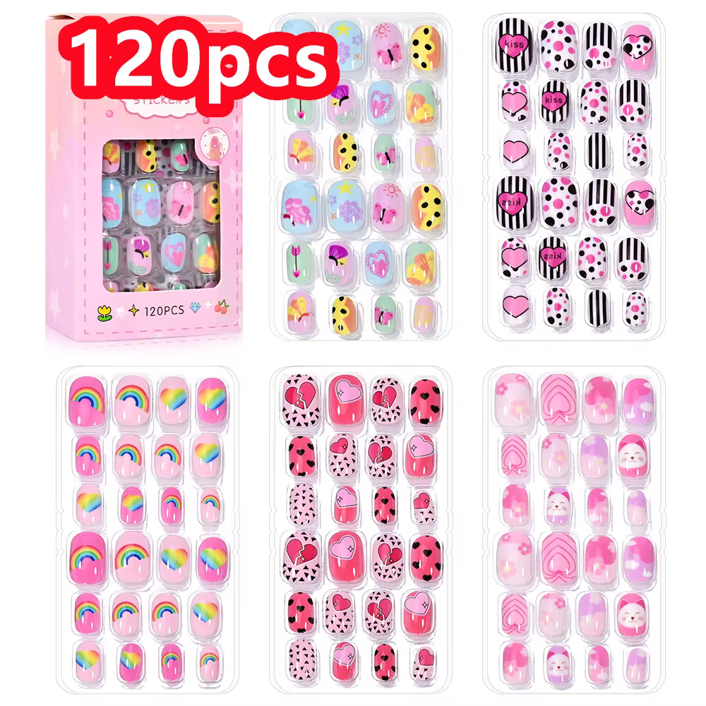 Lot de 120/192 faux ongles à presser pour enfants, motifs licorne/cheval/arc-en-ciel, style Kawaii, 