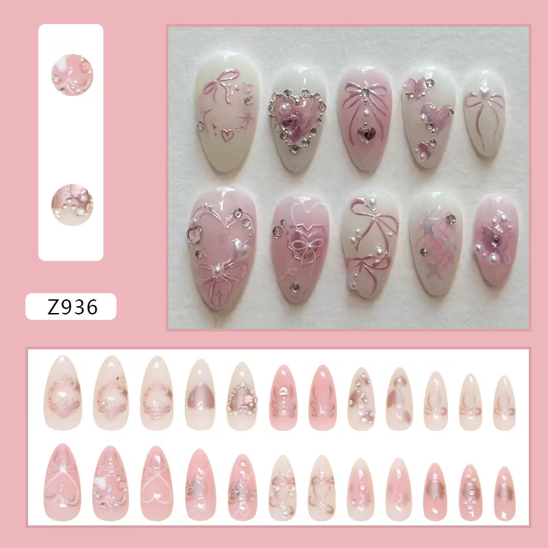 Patchs pour faux ongles, 24 pièces, pointes détachables avec nœuds papillon, amour, cœur, perle, Des