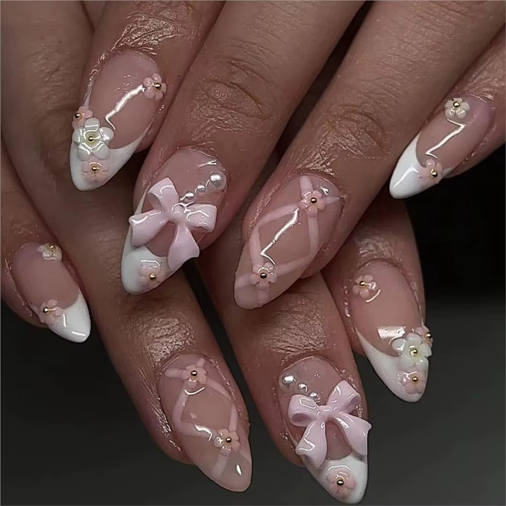 30 pièces/boîte 3D blanc et rose arcs Nail Art breloques 6gird mignon nœuds papillon ruban ongles st