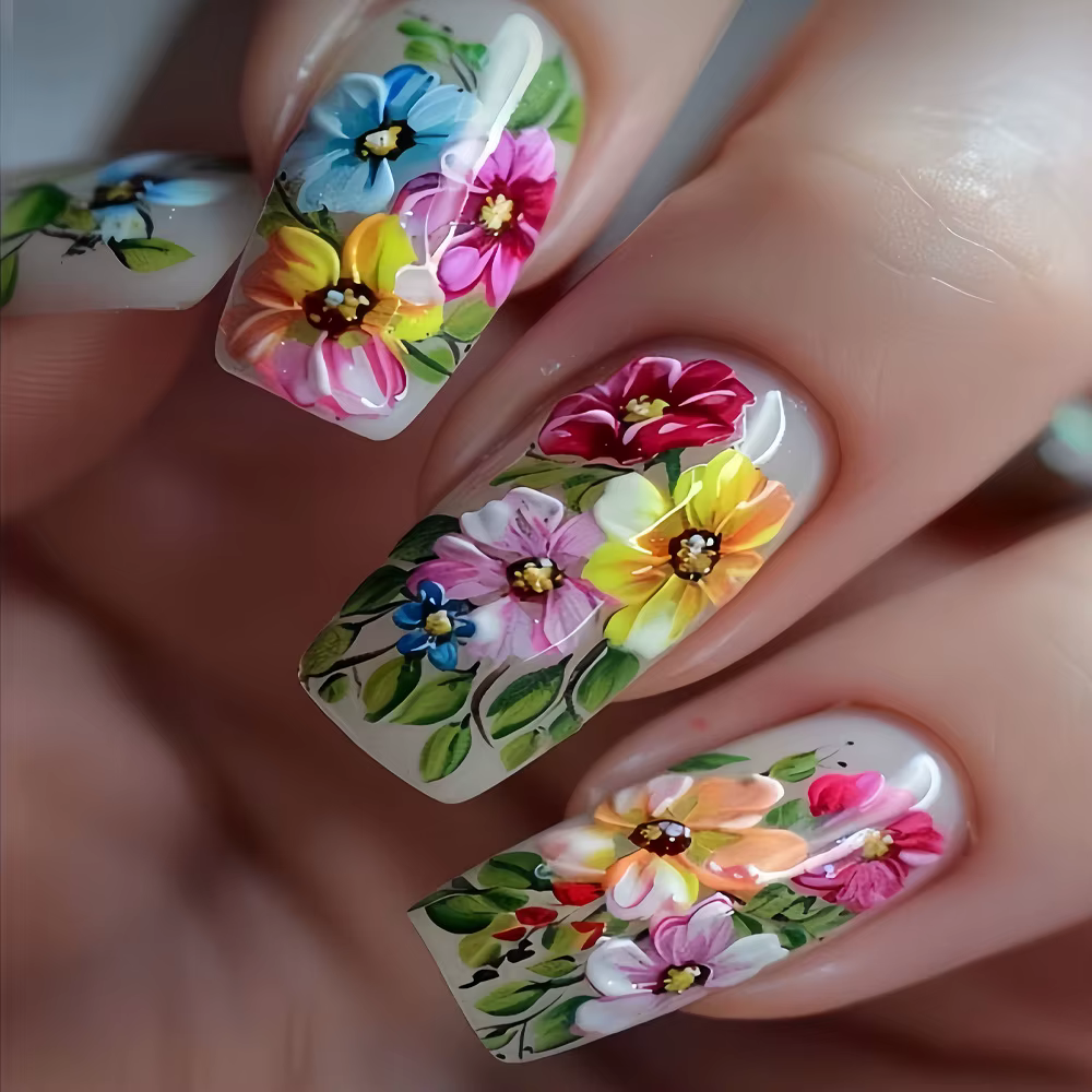 24 pièces/seste faux ongles courts moyens pour femmes filles fleurs colorées plage de champignons po