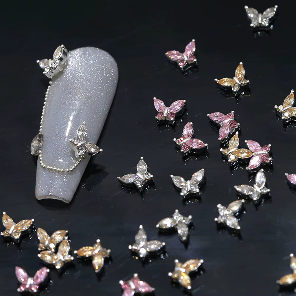 Mini breloques papillon en cristal pour Nail Art, diamant 3D, pièces de bijoux, rose, métal clair, m